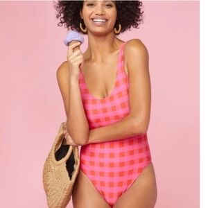 Terez Vibrant Pink and Red Checkered One Piece Swimsuit sz S Cheeky Low Back